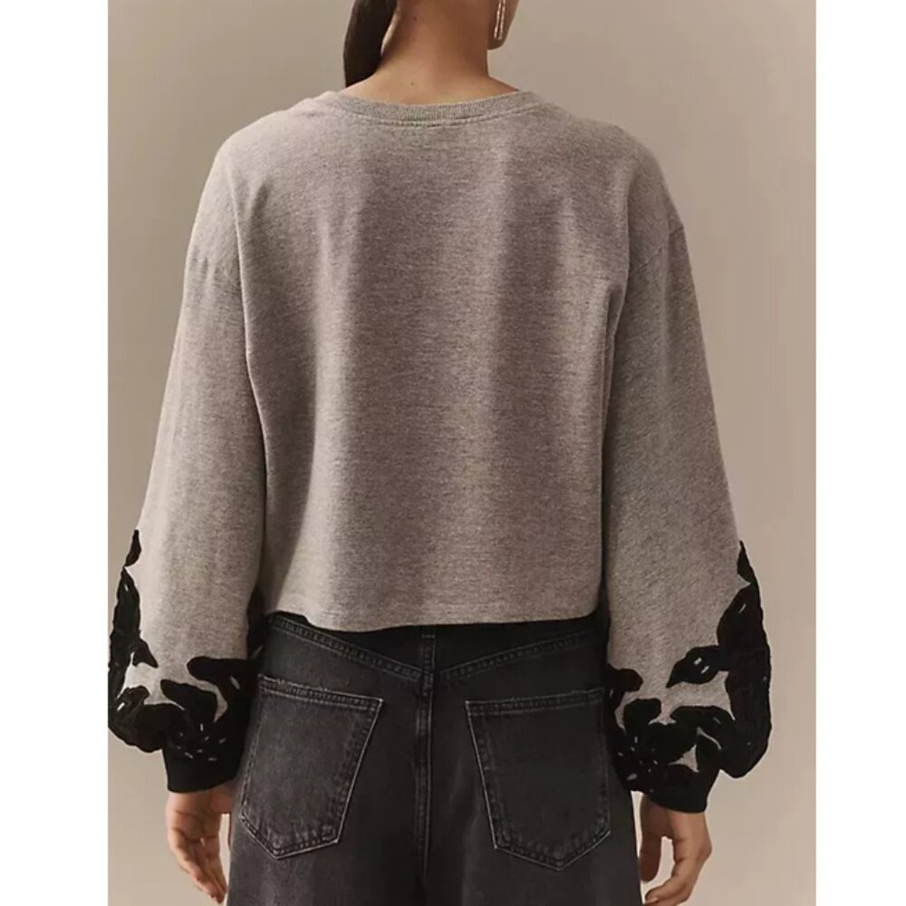 Anthropologie Velvet Embroidered Floral Applique Sweatshirt Top Grey S - Picture 2 of 13